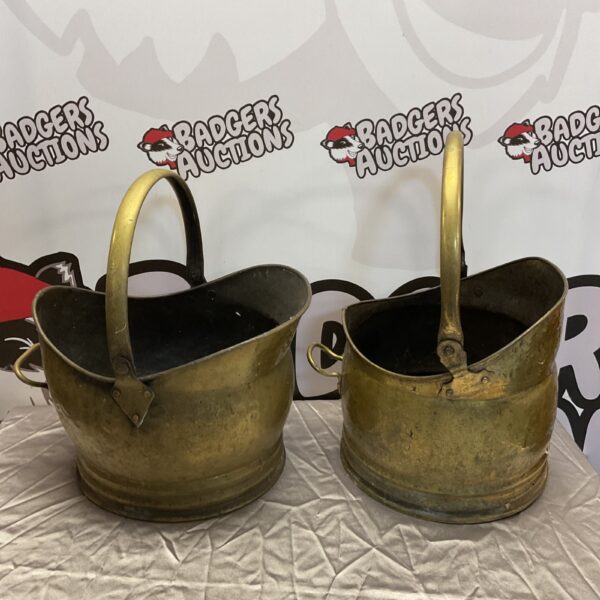 Pair of vintage brass coal scuttles for fireplace use.