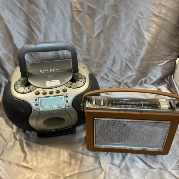 Vintage Bush and Sony radios, portable transistor and CD player.