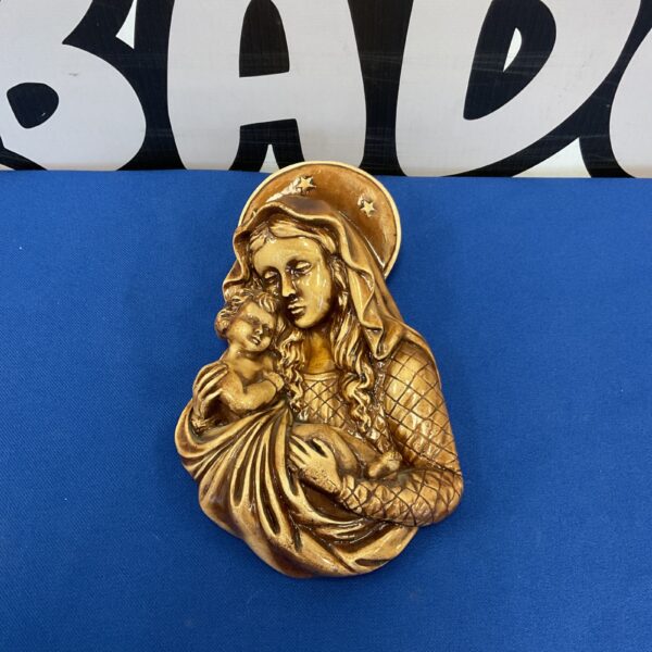 Vintage chalkware Madonna and Child plaque for wall display.