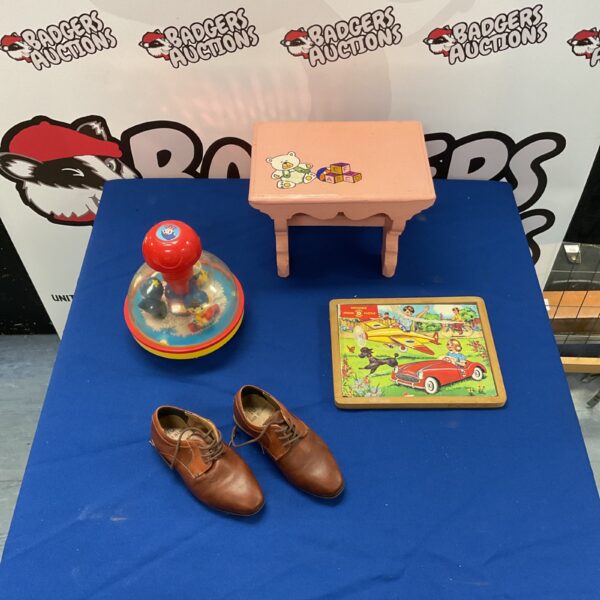 Vintage children's lot with Noddy toy, jigsaw, shoes and stool.