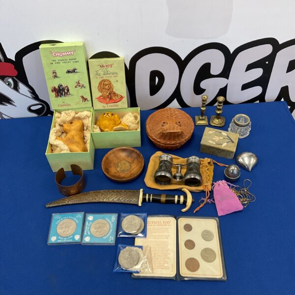 Vintage collectible lot featuring Cussons soap, opera glasses, and coins.