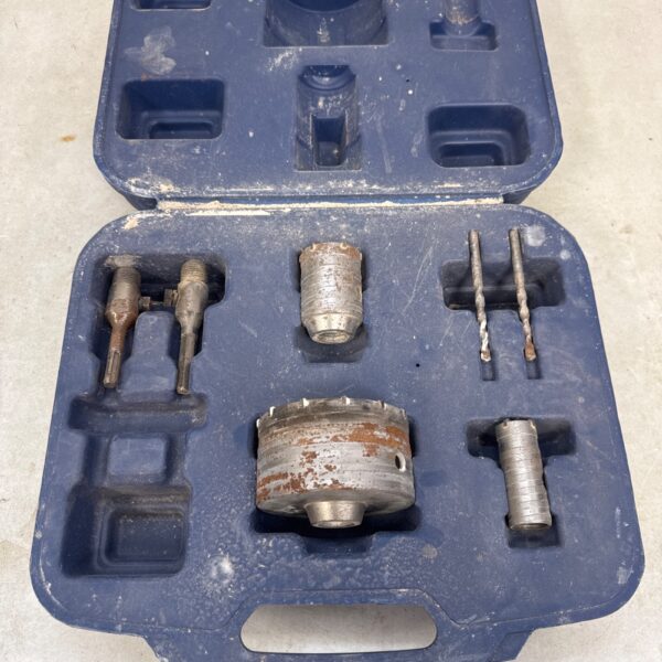 Vintage drill hole boring set in a blue case.