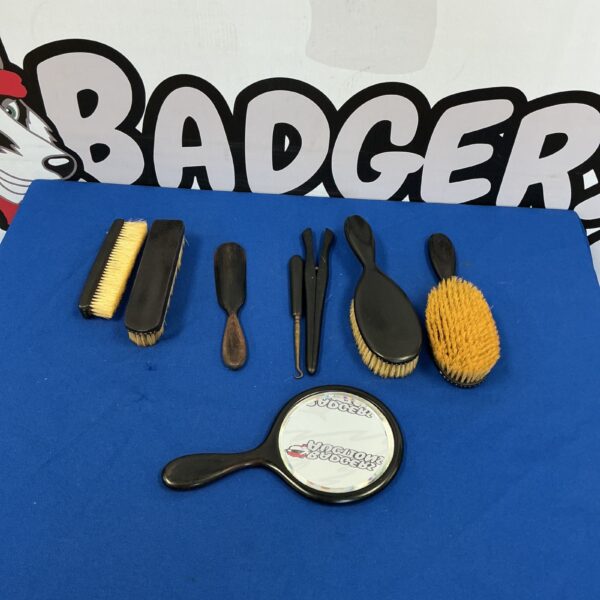 Vintage ebony vanity set with multiple hair brushes.