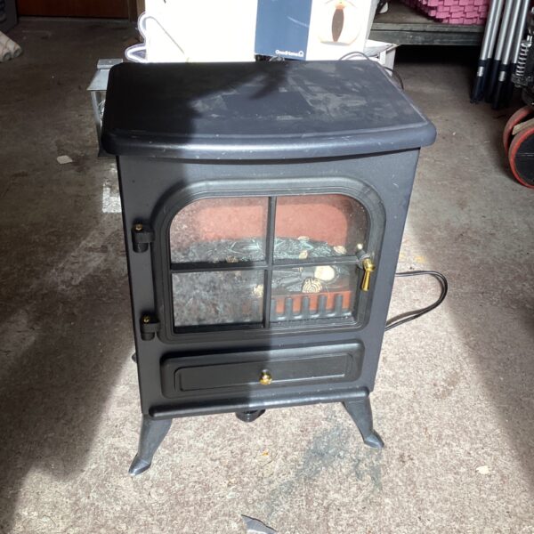 Black vintage electric fireplace with a classic stove design.