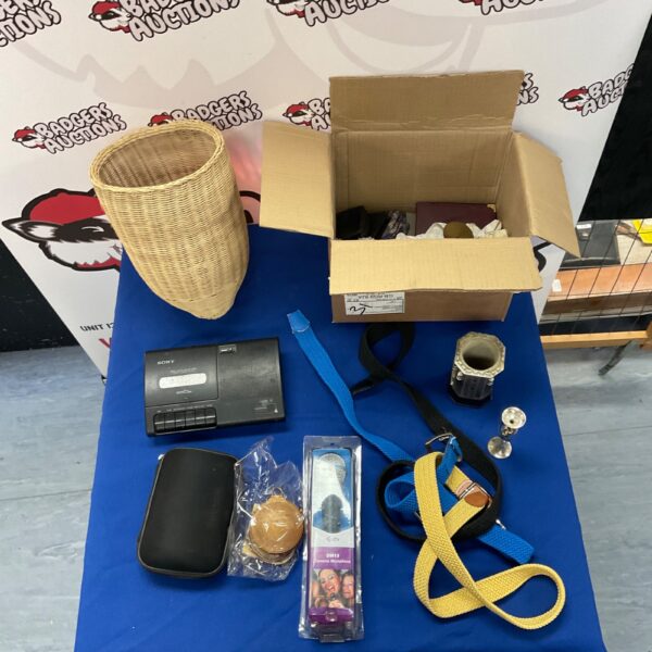 Mixed lot of vintage electronics including Sony recorder and QTX microphone.