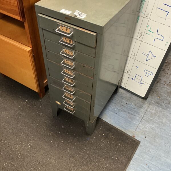 Vintage metal engineers drawers for storing plans and drawings.