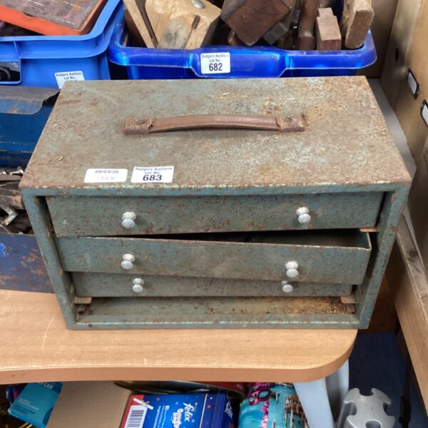 Vintage metal engineers drawers for workshop storage.