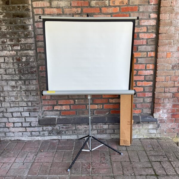 Vintage folding projector screen with tripod base.