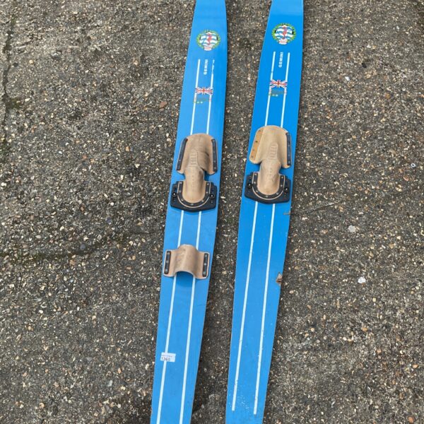 Vintage Gemini water skis with colourful design.
