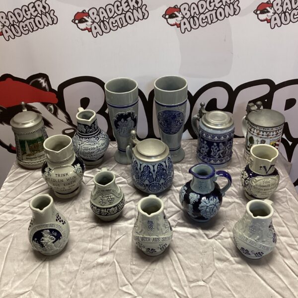 Vintage German steins collection showcasing traditional Bavarian pottery.