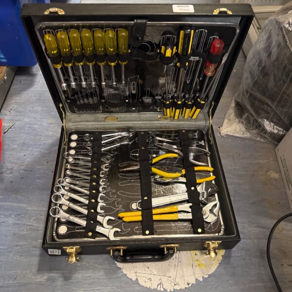 Vintage hand tools set in a briefcase, ideal for DIY projects.