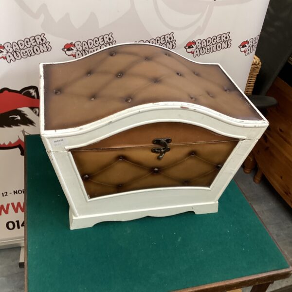 Vintage octagonal leather storage box, antique collectible.