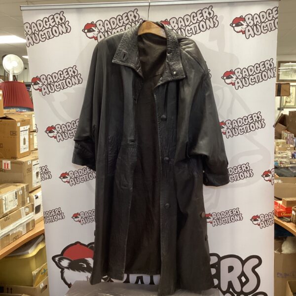 Vintage XL leather trench coat, classic retro style outerwear.