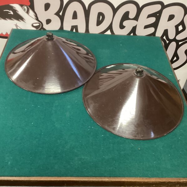 Two vintage brown metal lampshades for ceiling lights.