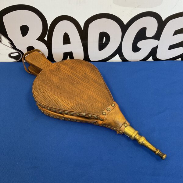 Vintage oak and brass fireplace bellows for hearth and home.