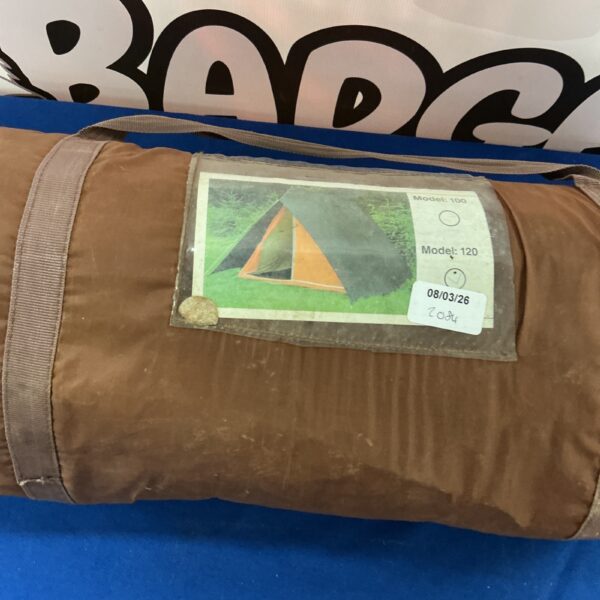 Vintage one-person tent, Model 100, rolled up and ready for camping.