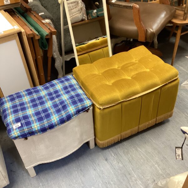 Vintage yellow ottoman and Lloyd Loom stool combination.