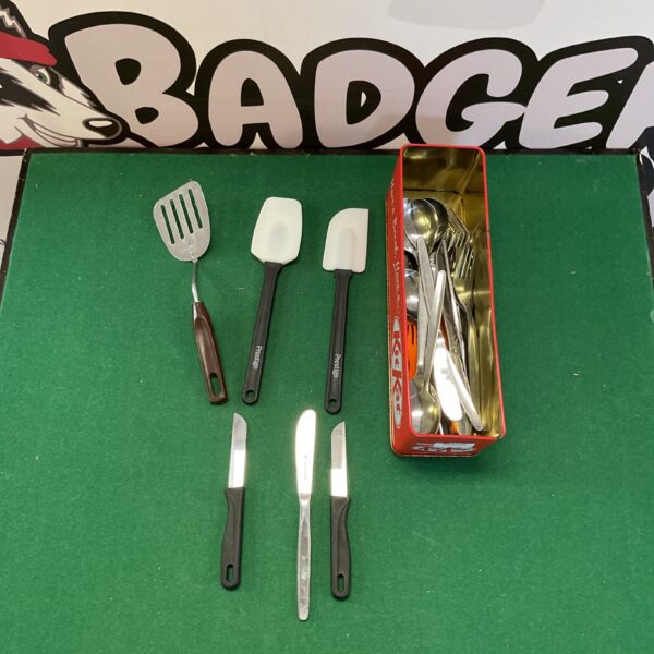 Vintage Prestige kitchen utensil set in a tin.