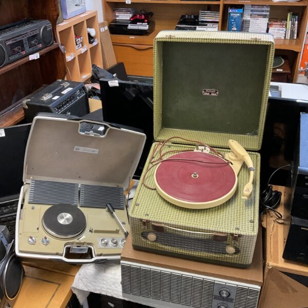 Vintage record player lot including Pye, Cambridge, and Marconiphone models.
