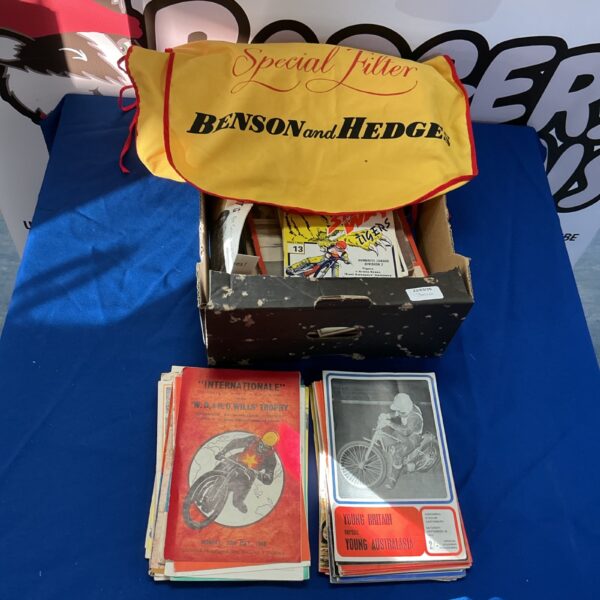 Vintage Speedway programs and Benson and Hedges racing bib collection.