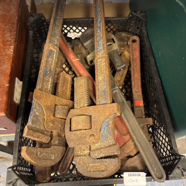 Assorted vintage Stilson grips including a Record wrench, ideal for collectors.