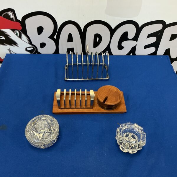 Vintage silver plated toast rack with glass marmalade pot.