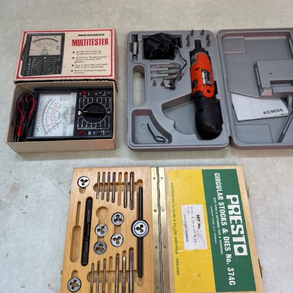 Vintage tool lot including Micronta multitester, Black & Decker screwdriver, and Presto tap die set.