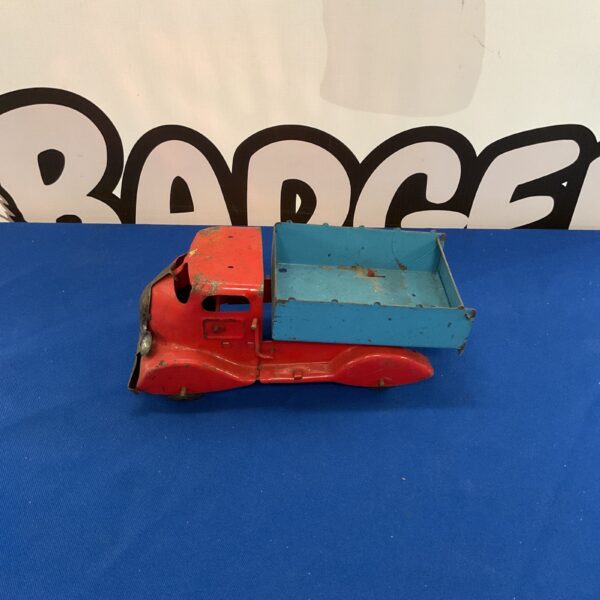 Vintage Triang tin plate truck, red cab and blue flatbed.
