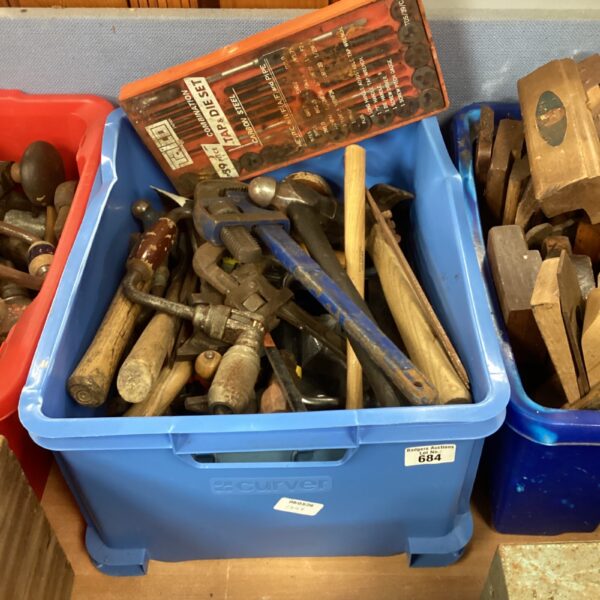 Vintage lot of woodworking tools including hammers and a tap and dye set.