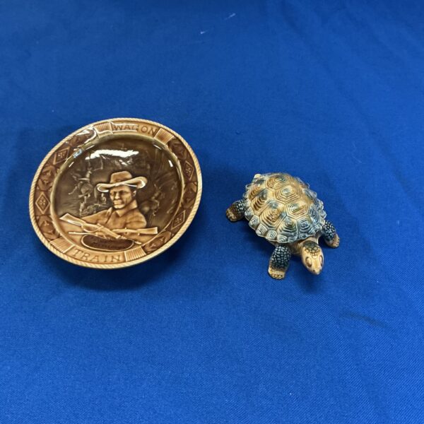 Vintage Wade pottery tortoise dish with cowboy scene.