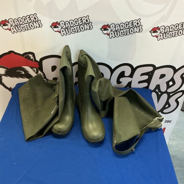 Green size 8 waders for fishing and outdoor activities.