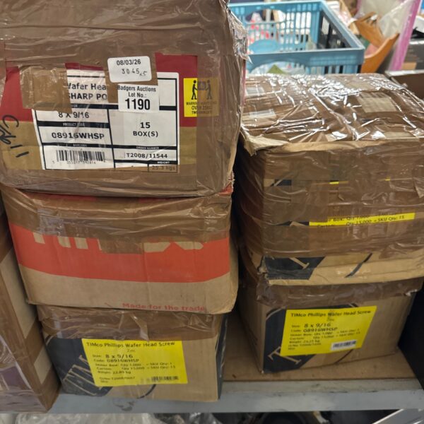 Five boxes of 13mm wafer head screws, model 080916, for sale.
