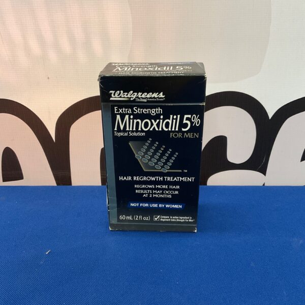 Walgreens Extra Strength Minoxidil for Men topical solution bottle.