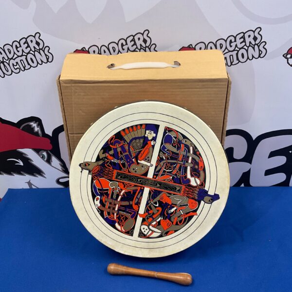Walton’s Irish bodhran drum with painted design, traditional Celtic instrument.
