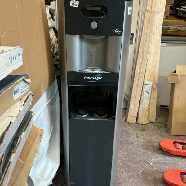 Front view of a black water cooler dispenser.