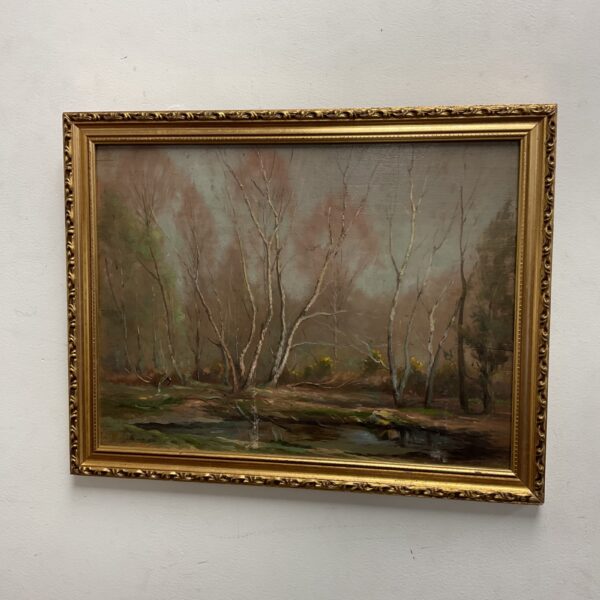 Vintage 1925 W B Rowe trees painting, serene landscape art.