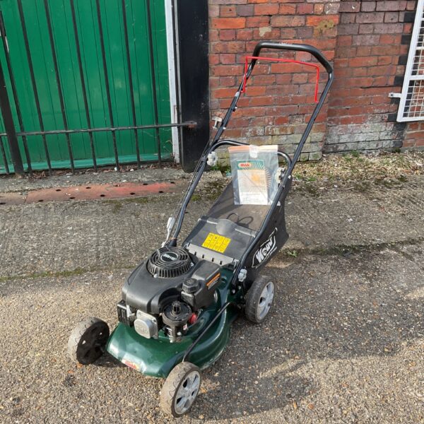 Webb 132cc petrol lawnmower for garden maintenance.