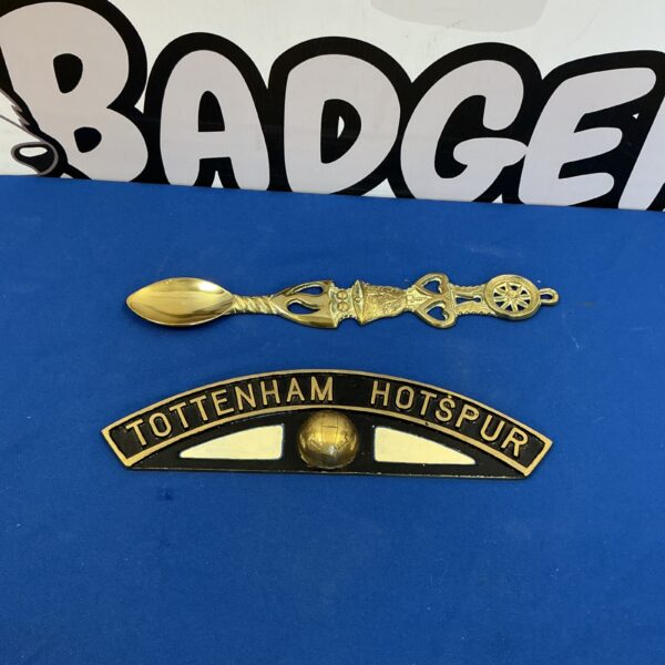 Vintage brass Welsh loving spoon with Tottenham Hotspur plaque.