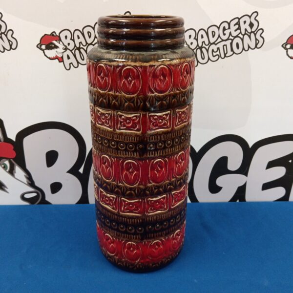 Vintage West German pottery vase with red and brown stripes.