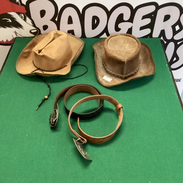 Vintage Western wear lot with cowboy hats and leather belts.