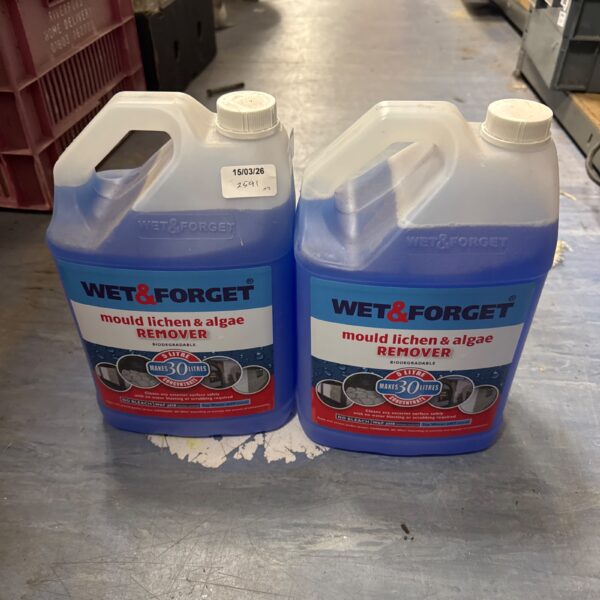 Two tubs of Wet & Forget mould and algae remover for garden cleaning.