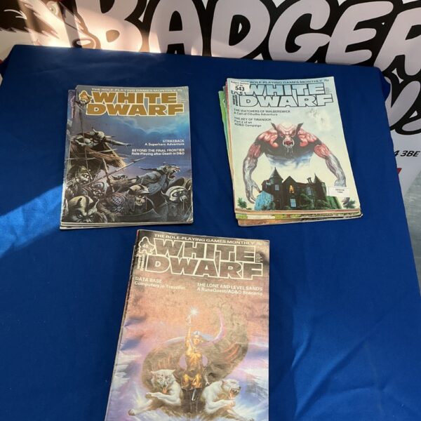 Vintage lot of *White Dwarf* magazines for tabletop gaming collectors.