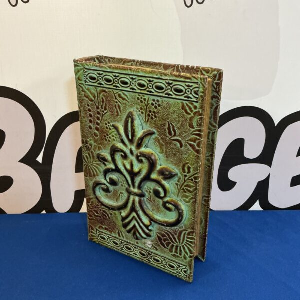 Front view of a green and brown wooden stash book box.