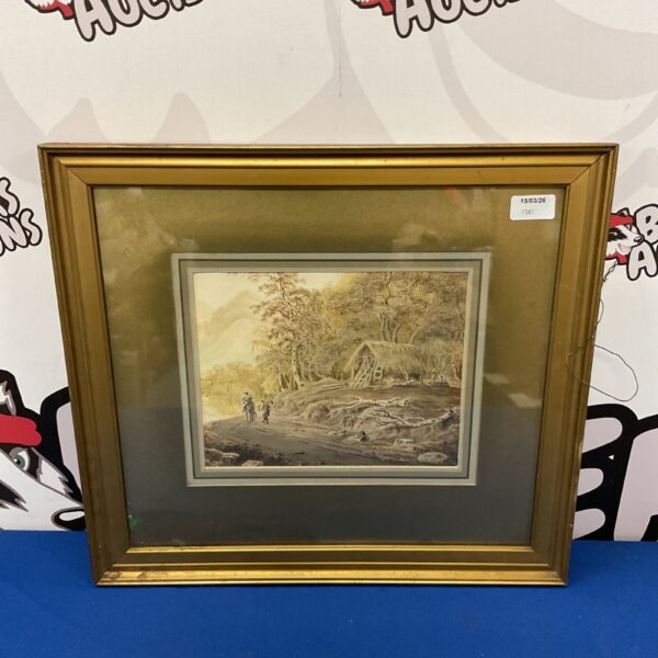 Antique sepia watercolour painting of woodland bodgers at work.