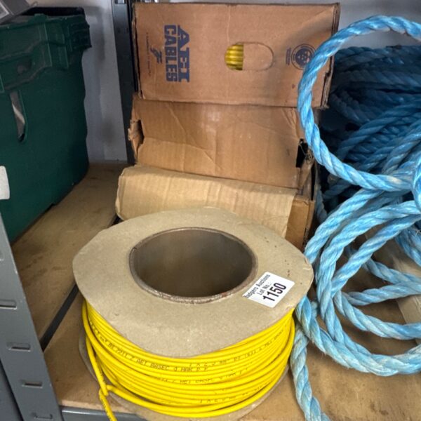 Four reels of yellow 2.5mm BS7211 electrical cable for wiring projects.