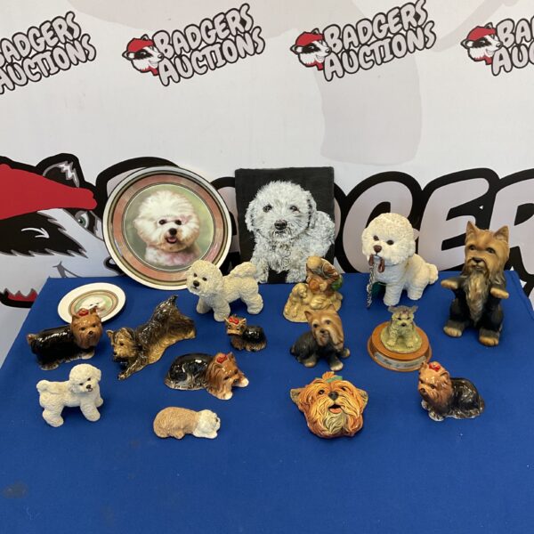 Vintage Yorkshire Terrier & Bichon Frise dog ornament collection, including Bossons & Goebel.