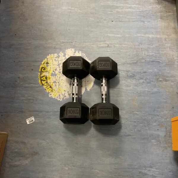 Pair of 10kg rubber coated hex dumbbells for fitness training.