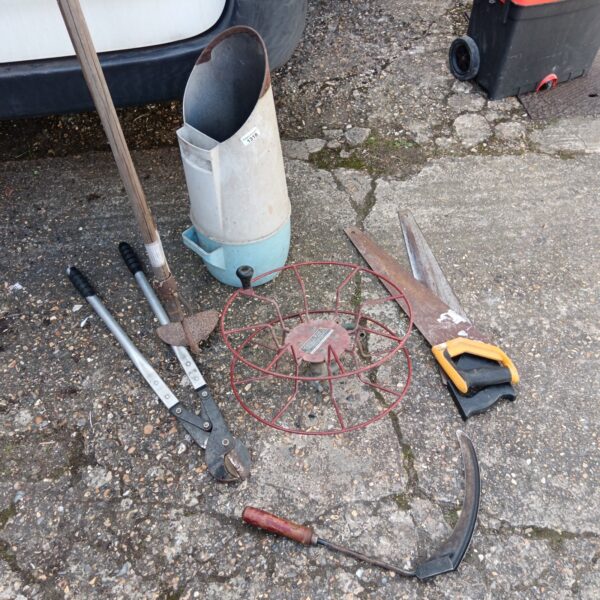 Lot of garden tools Inc hoes, saws & hand scythe