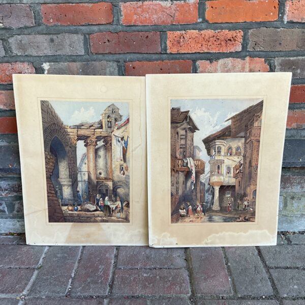 19th-century watercolour painting of a medieval town scene.