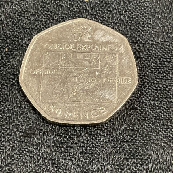 Front view of the 2011 London Olympics 50p coin showing the offside rule design.